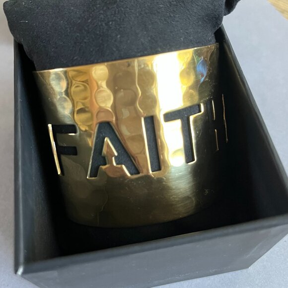 Rustic Cuff Hammered Gold Brass Wide Cuff Bracelet FAITH Cutout EUC aprox 2" - Picture 3 of 4